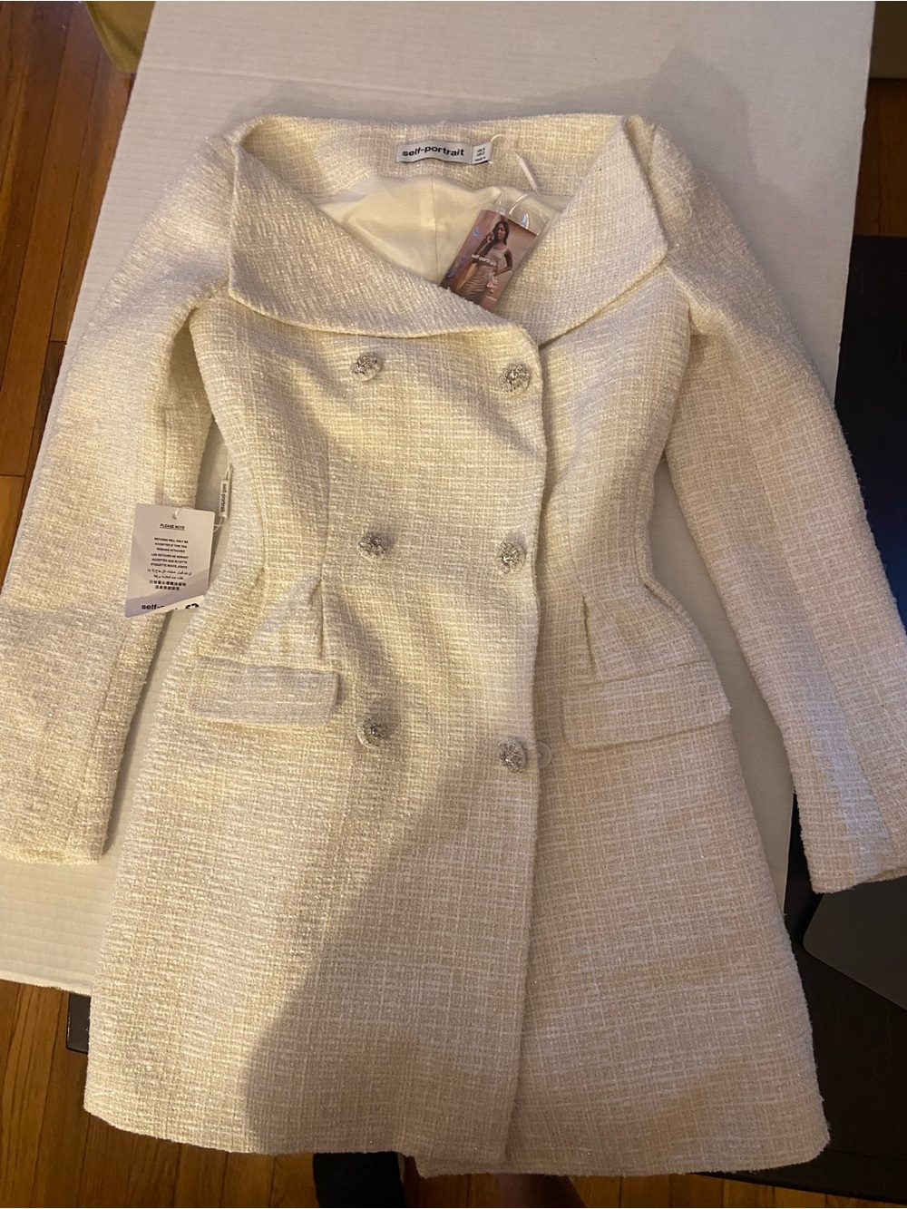 NWT - Self-Portrait Double-Breasted Boucle Tweed Cream Minidress, Size US 2 - Picture 6 of 16